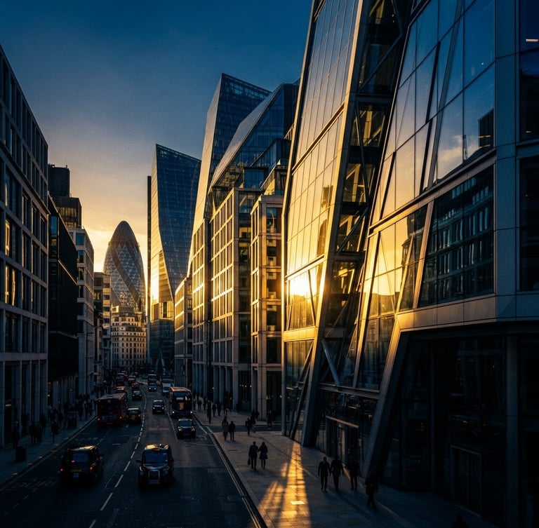 Wide architectural shot of London Wall at golden hour, sharp angles, high-contrast light, reflections on glass, deep navy and sunbeam gold tones, 35mm