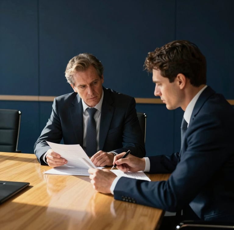 Candid shot of two executives in a modern boardroom, discussing financial documents, high-contrast directional light, deep navy and warm gold tones, tight crop, 35mm editorial B2B photography.