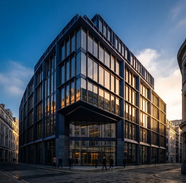 Wide architectural shot of the 65 London Wall facade in high-contrast morning light, golden hour reflection on glass, deep navy tones, sharp angles, 35mm editorial B2B photography.