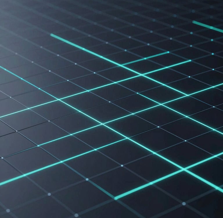 Sleek dark-mode 3D render of abstract digital grid, glowing neon cyan edge-lights, deep slate background, ultra-sharp focus