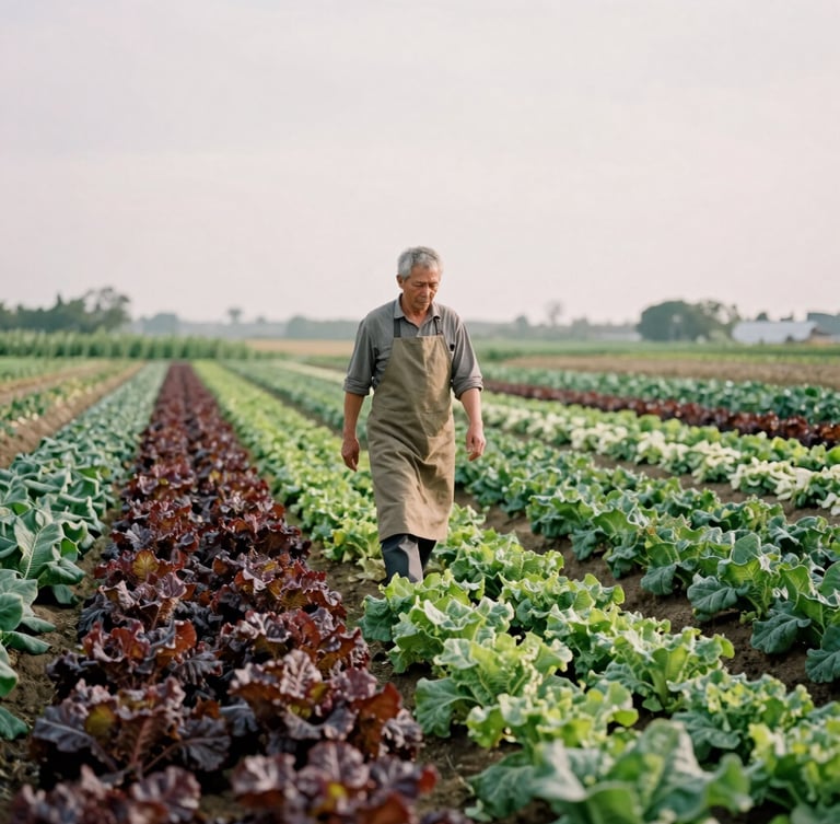 A local farmer in a canvas apron walking through rows of leafy greens under soft overcast daylight, wide environmental shot, rich green tones, 35mm film style.