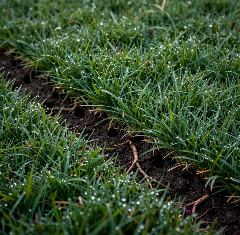 A close-up, low-angle shot of vibrant, deep-rooted grass turf with clean soil aeration holes visible under soft morning dew.