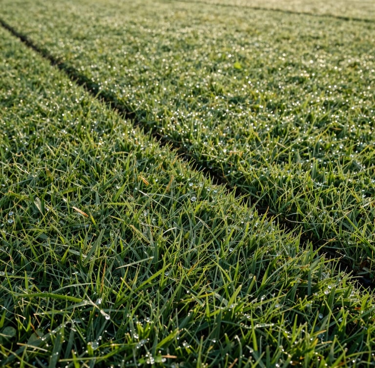 Low-angle turf-level shot of razor-sharp lawn edges and clean striping patterns, dew on the grass, crisp morning light.