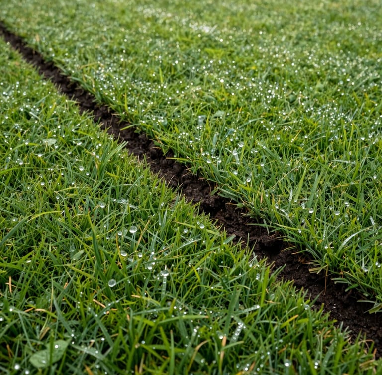 Low-angle turf-level shot of a crisp, freshly cut lawn edge with sharp soil definition, clean green striping, bright morning dew.