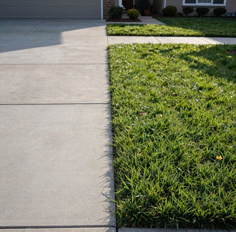 A pristine suburban driveway border with clean-swept concrete and a razor-sharp vertical lawn edge under soft afternoon sun.