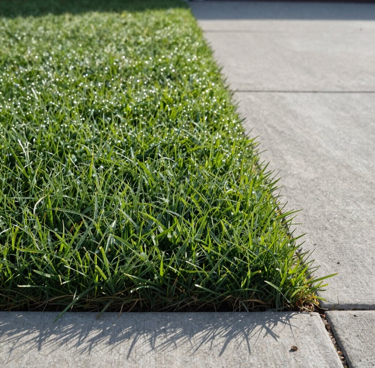 Low-angle close-up of a perfectly manicured lawn with razor-sharp edges along a clean concrete driveway, crisp morning dew sparkling on the deep green grass blades, clear morning light.
