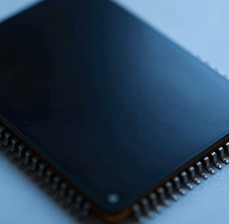 Extreme macro close-up of a physical silicon microchip wafer, cool-toned high-contrast studio lighting, deep blacks and electric blue highlights, macro lens