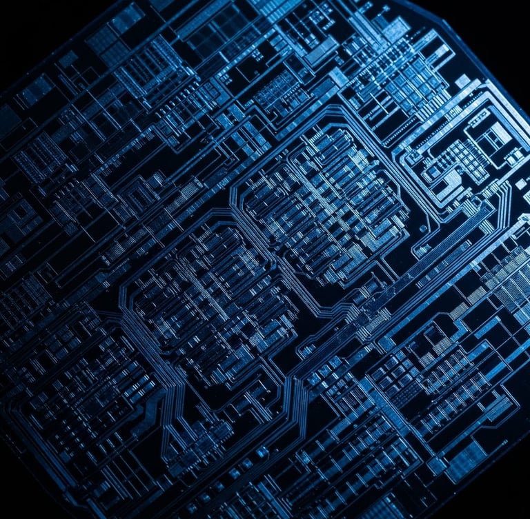 Extreme macro shot of physical silicon wafer under cool-toned high-contrast studio lighting, deep black background with electric blue light reflecting off micro-circuits.
