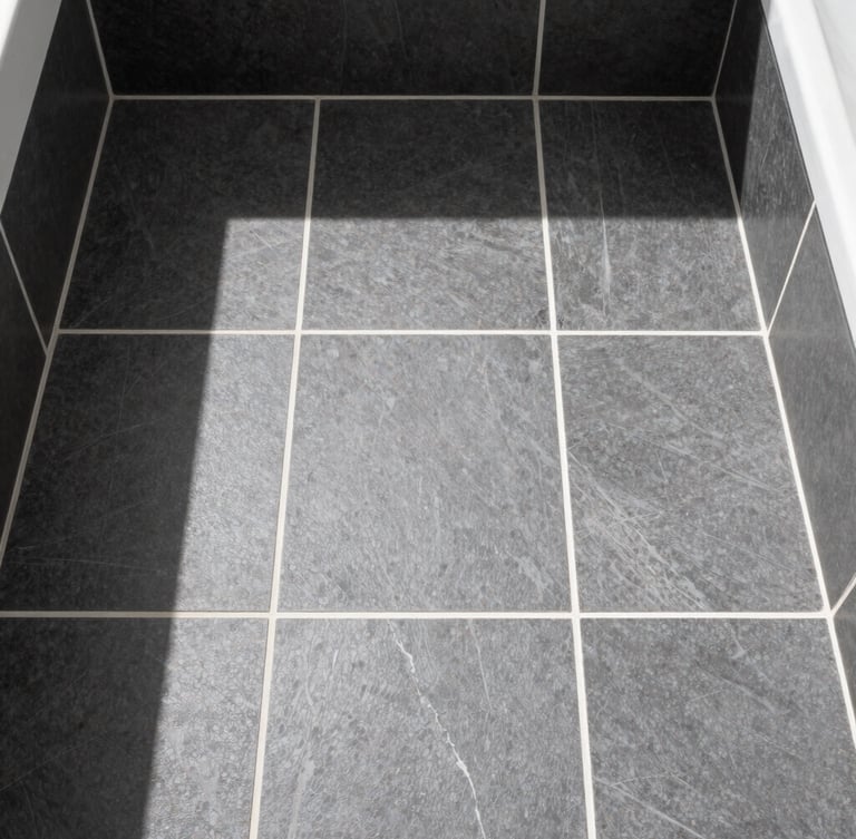 Sharp architectural photography of a modern bathroom floor, straight-on overhead view of perfectly aligned charcoal porcelain tiles with crisp white grout lines, bright natural daylight, high-contrast, 35mm