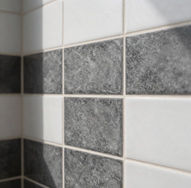 Sharp architectural photography, bright natural daylight, high-contrast charcoal and white tones, crisp focus, 35mm. Extreme close-up of zero-tolerance tile alignment in a modern bathroom remodel.