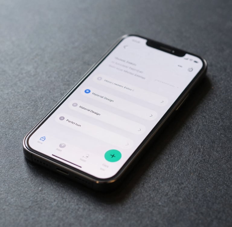 Macro overhead shot of a modern smartphone screen showing fluid Material Design UI animations, soft daylight casting subtle shadows on a dark slate desk.