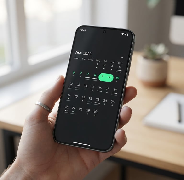 High-fidelity 3D device mockup of an Android phone displaying a clean, minimalist calendar UI with vibrant green accents, soft natural daylight, shallow depth of field, sharp focus on screen details.