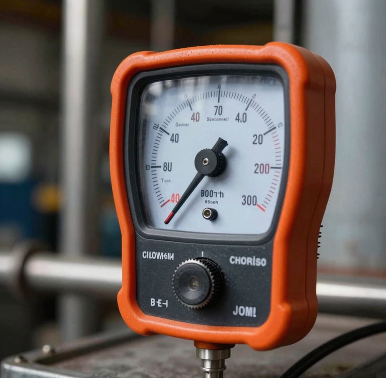 Close-up of a professional sound level meter measuring decibels in a high-contrast industrial environment, sharp focus, safety orange accents