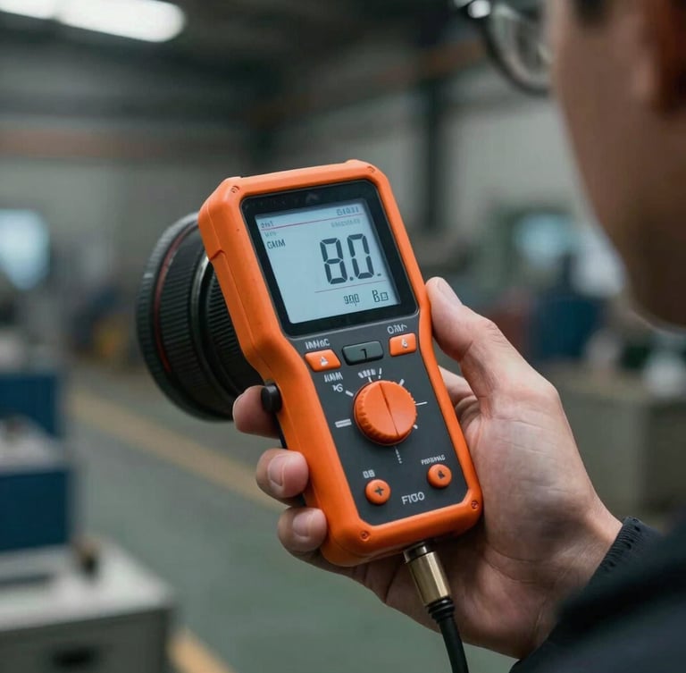 Close-up of a professional digital decibel meter held by an expert, measuring noise levels in a dimly lit industrial factory, sharp natural side-lighting, safety orange details, high contrast.