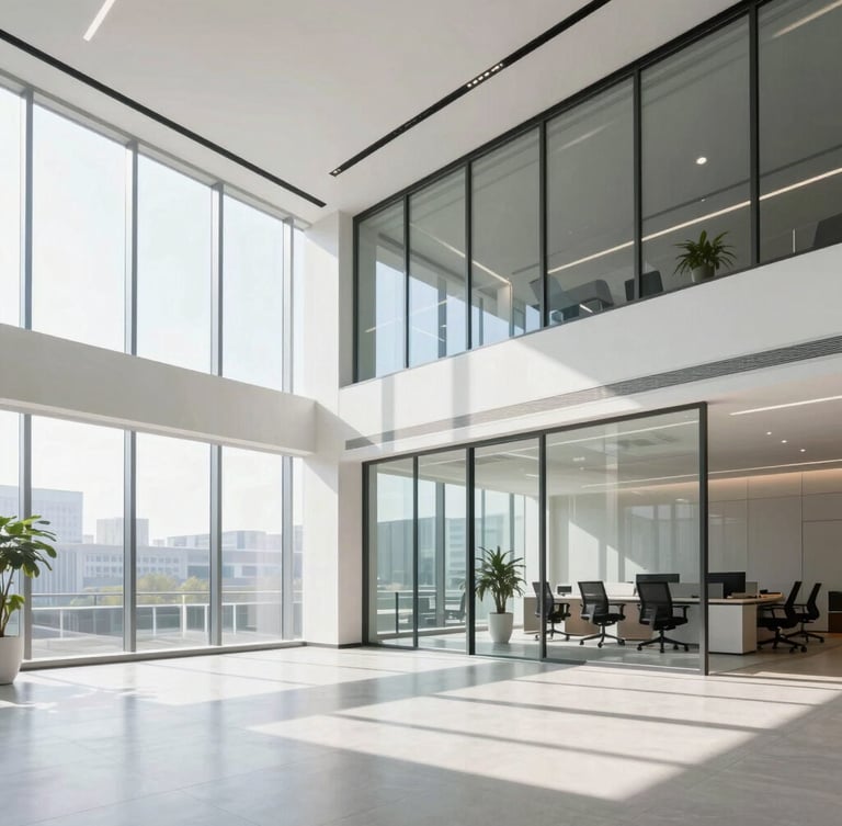 Bright sunlit modern corporate office interior, clean glass walls, natural morning light, professional architectural lines, 35mm