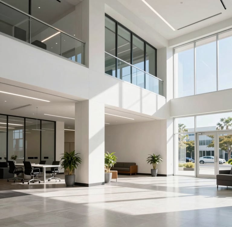 Sunlit modern corporate office lobby in Jacksonville, clean architectural lines, bright natural daylight, 35mm