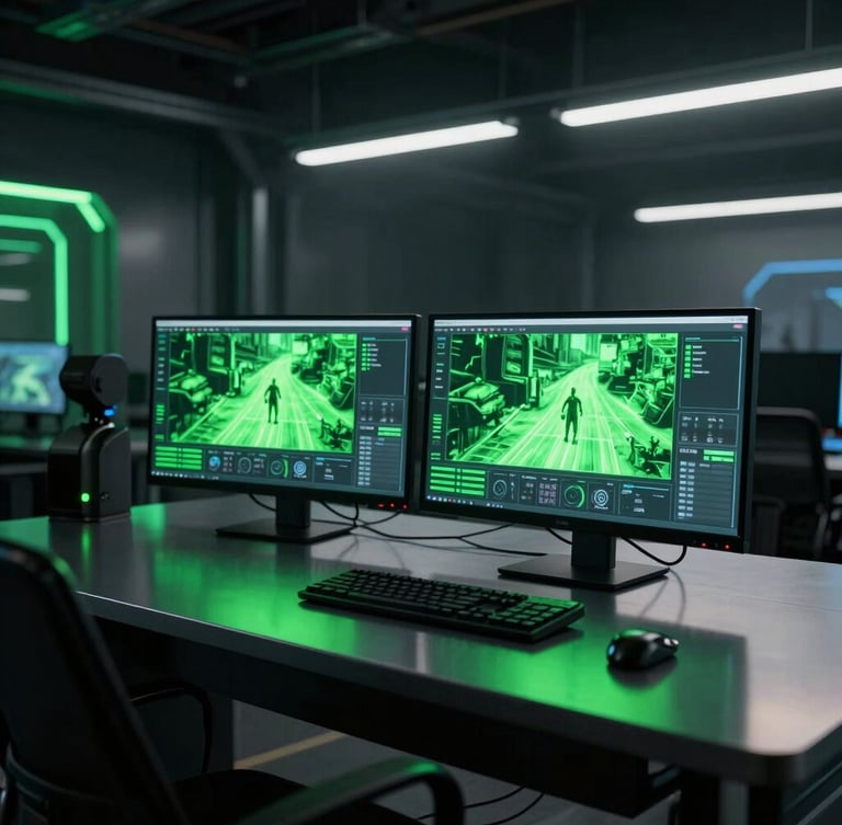 Dramatic studio lighting on a team workstation showing dual monitors with active 3D game engine viewports, glowing neon green reflections on metallic surfaces, high-contrast cyber-industrial mood, octane render