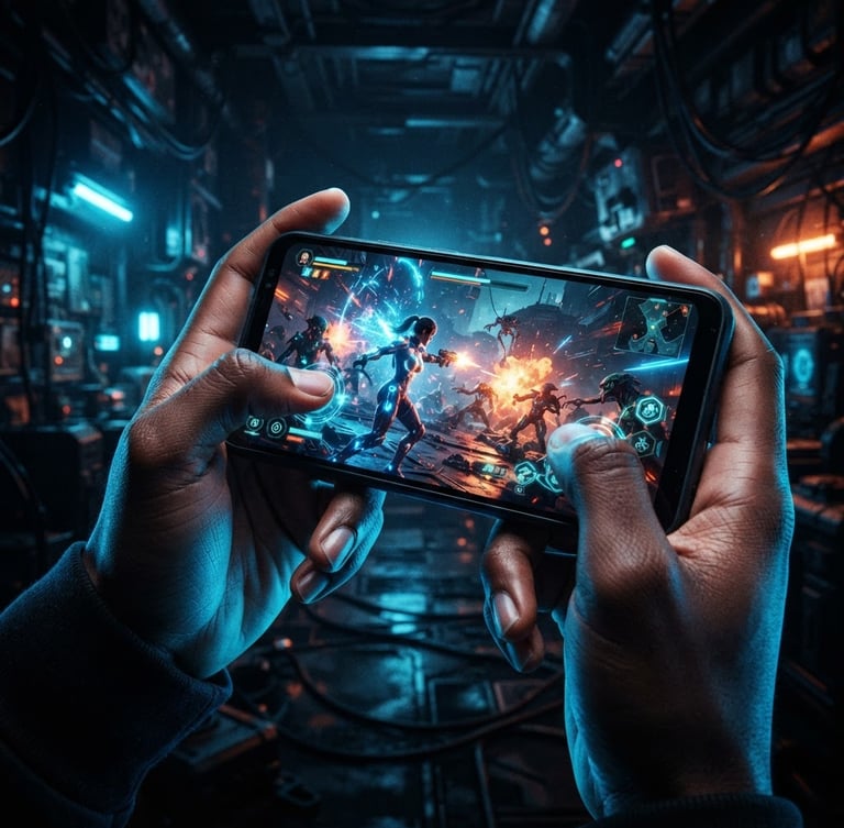 Dramatic close-up of a high-end mobile device displaying a vibrant 3D sci-fi action game, glowing neon blue reflections on hands, dark cyber-industrial background, octane render