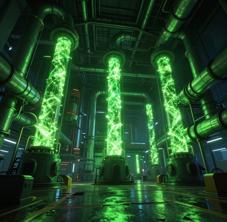 Cinematic wide game-world render of a cyber-industrial factory floor, glowing toxic green pipes, dramatic low-angle perspective, high-contrast neon lighting, octane render