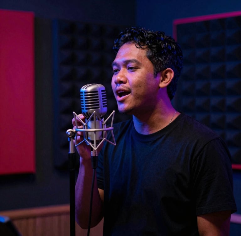 Candid portrait of a local Indonesian artist singing into a vintage microphone in a dark, neon-lit recording booth, 35mm lens