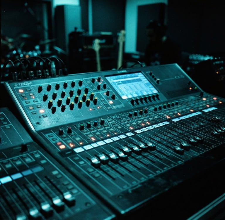 Moody dark-mode music photography with high-contrast cyan stage lighting, a close-up of a professional soundboard in a local Jakarta recording studio, 35mm lens