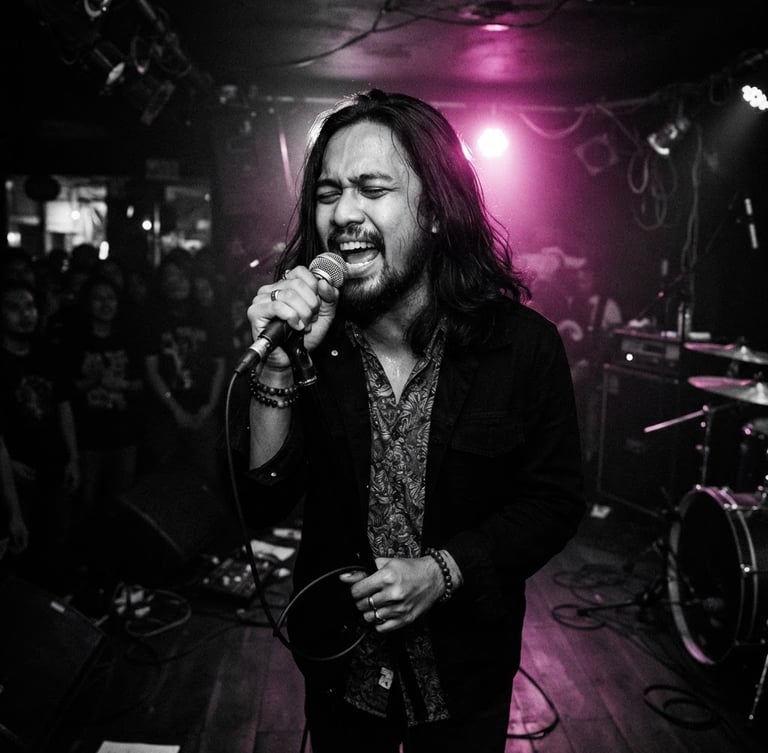 High-contrast black and white photo of a passionate Indonesian indie musician singing on a dark stage, dramatic magenta backlighting, moody atmosphere, 35mm lens