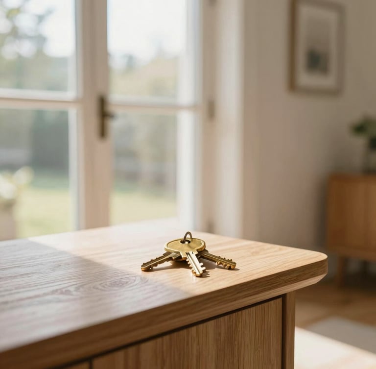 Warm editorial photography of a bright, sunlit modern home entryway, brass keys resting on a clean oak console table, soft morning window light, 35mm