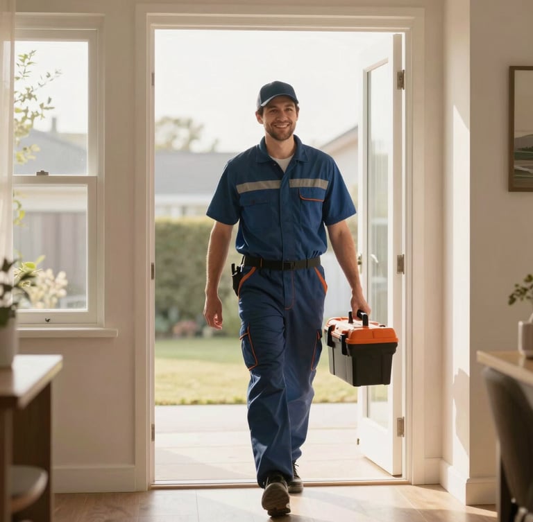A friendly local HVAC technician in a clean uniform carrying a toolbox, walking up to a warm modern home entrance, soft morning window light, 35mm editorial photography