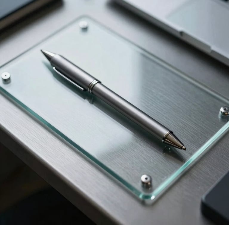 A tight, top-down macro photograph of a high-end brushed steel workspace desk with a single metallic stylus resting on a clean glass surface, cool clinical lighting.