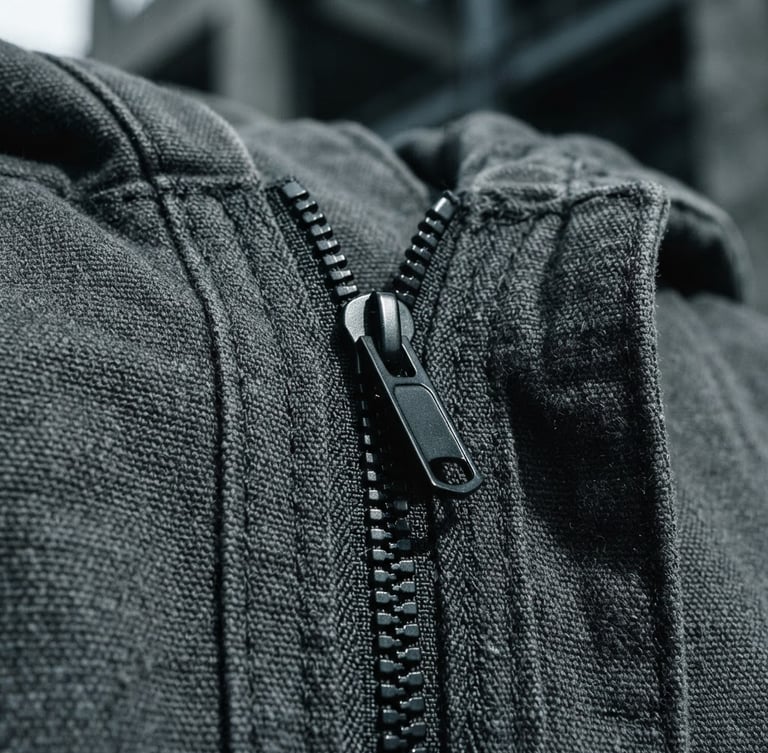 Extreme close-up of heavy charcoal cotton fabric with reinforced stitching, a matte black technical zipper glints under cool overcast daylight, sharp geometric shadows.