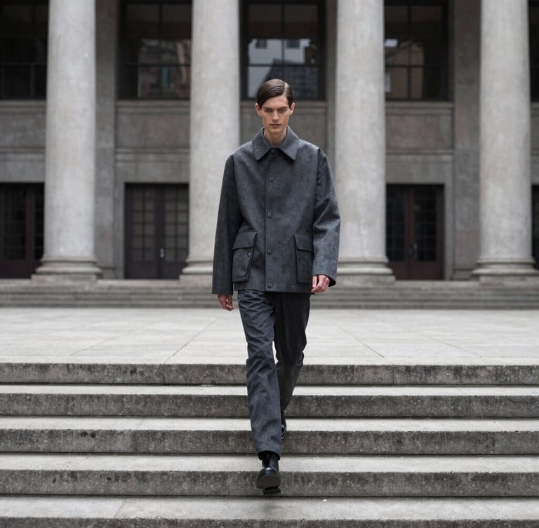 Medium-wide shot of a model walking down concrete steps of an urban plaza, wearing a structured charcoal jacket, diffused daylight, high contrast, 35mm lens, architectural backdrop.