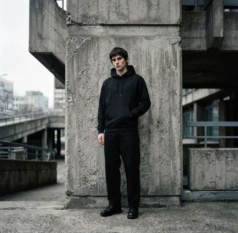 Medium-wide environmental shot of a model in a black heavyweight hoodie standing against a brutalist concrete wall, overcast daylight, sharp contrast