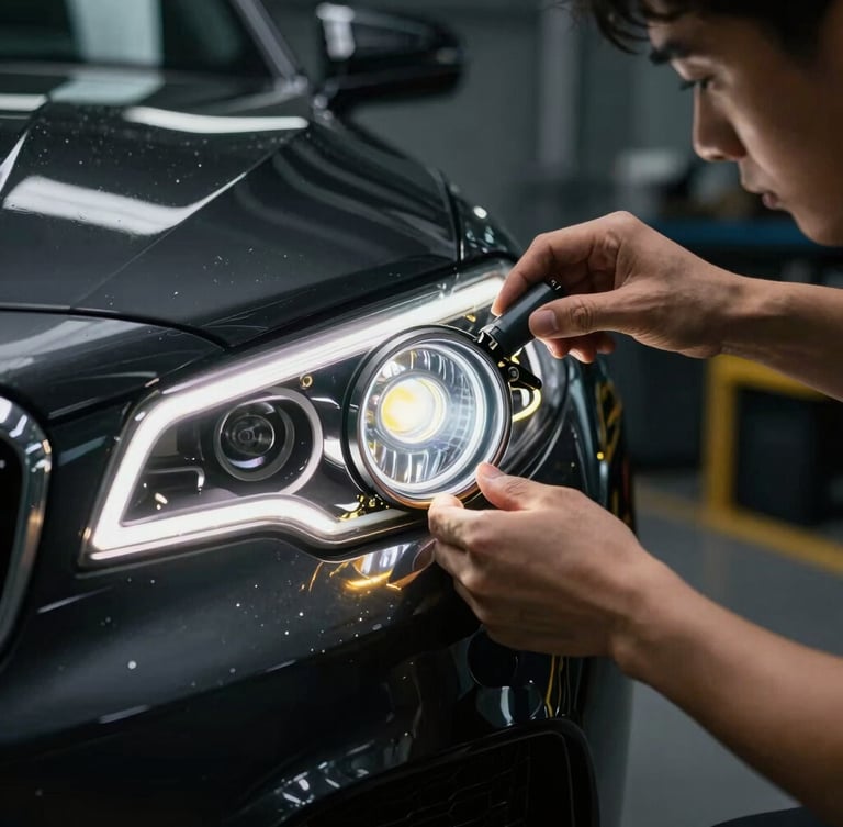 Close-up of a technician's hands carefully installing a premium glowing LED projector headlight inside a dark, modern automotive workshop, cinematic ambient lighting, sharp metallic reflections