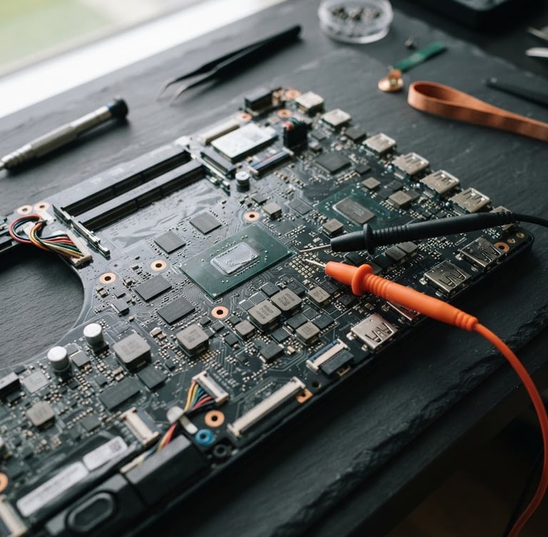 Macro shot of a disassembled laptop motherboard on an organized dark slate workbench, sharp natural light, safety orange testing leads visible, 50mm