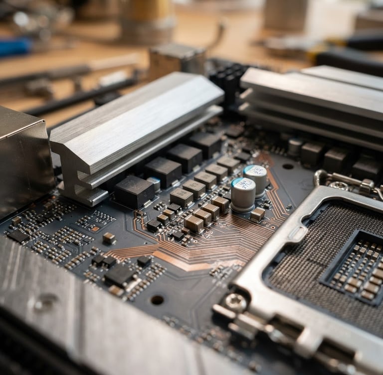 Macro shot of a high-end computer motherboard under sharp workshop lighting, detailed copper traces and capacitors on slate gray substrate, shallow depth of field, 50mm