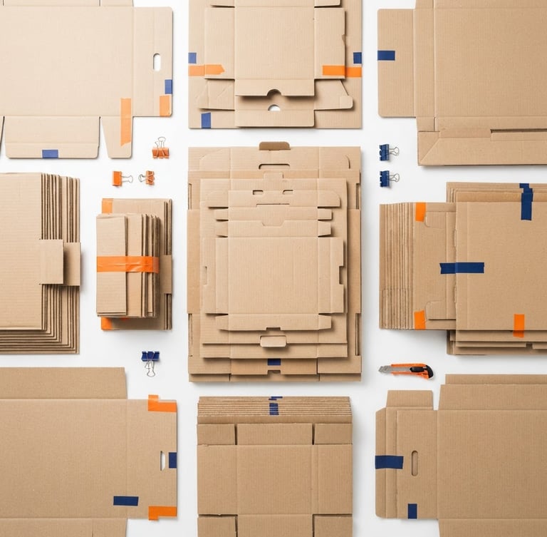 Straight-on geometric overhead flat-lay of clean unassembled double-wall corrugated cardboard boxes, bright high-key studio lighting, white background, orange accents, sharp lines