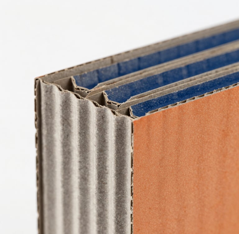 Macro close-up shot of double-wall corrugated cardboard edge fluting, showcasing the precise geometric wave structure, high-key studio lighting, clean white backdrop, 50mm lens.