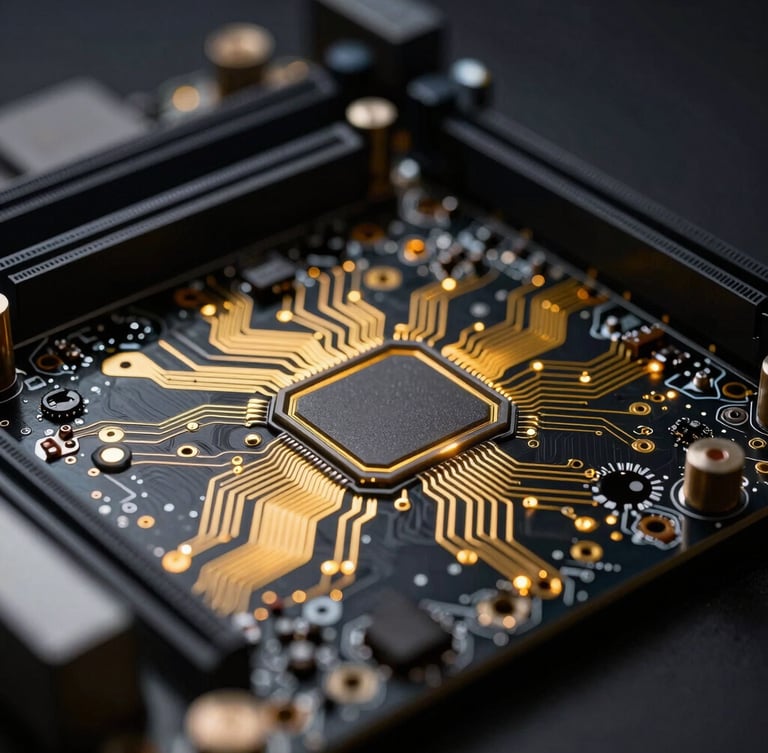 Extreme close-up of a high-end computer motherboard, gold circuits glowing under dramatic low-key studio lighting, deep black background, sharp macro details, 85mm