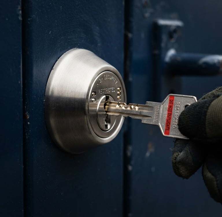 Tight focus on a high-security restricted key being inserted into a heavy-duty commercial door lock, crisp commercial photography, rich navy tones, 35mm lens.