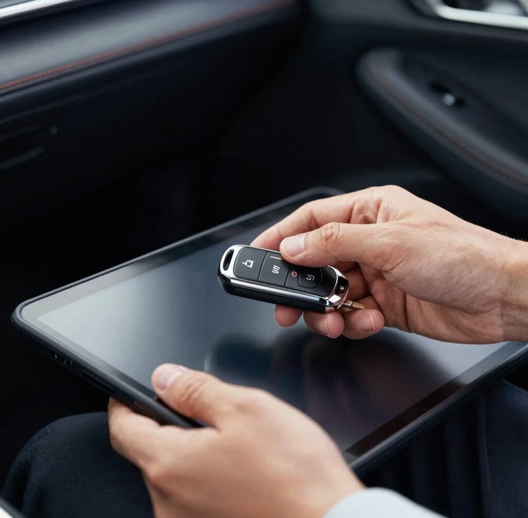 Close-up of professional hands programming a modern automotive smart key using a diagnostic tablet inside a vehicle cabin, crisp commercial photography, high contrast lighting