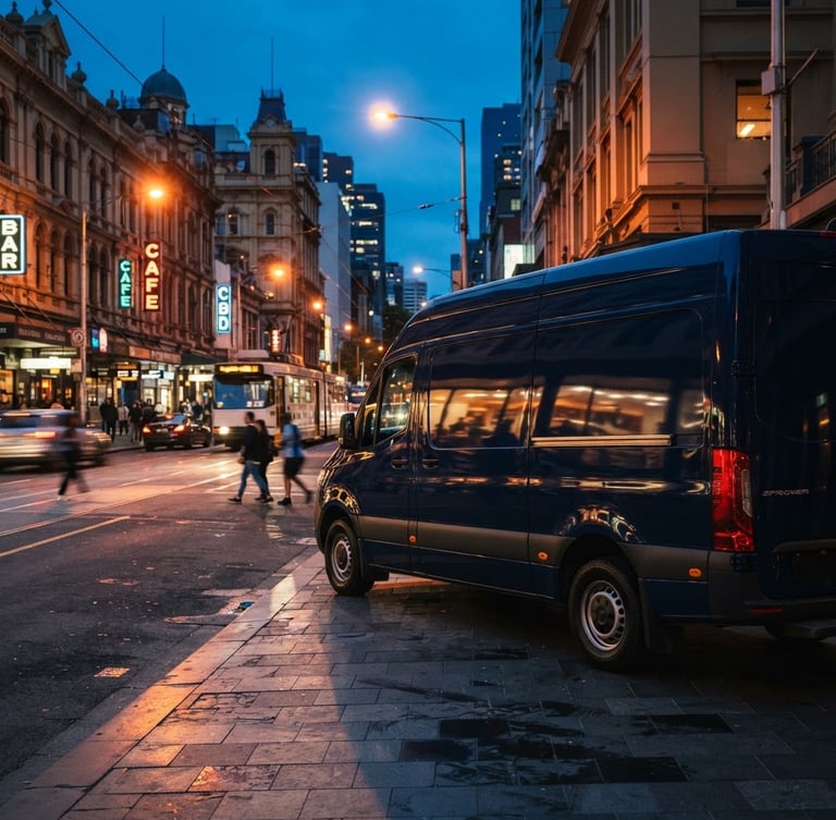 Crisp commercial photography of a clean navy blue branded van parked on a recognizable Melbourne street at dusk, warm street lighting, 35mm lens, high contrast.
