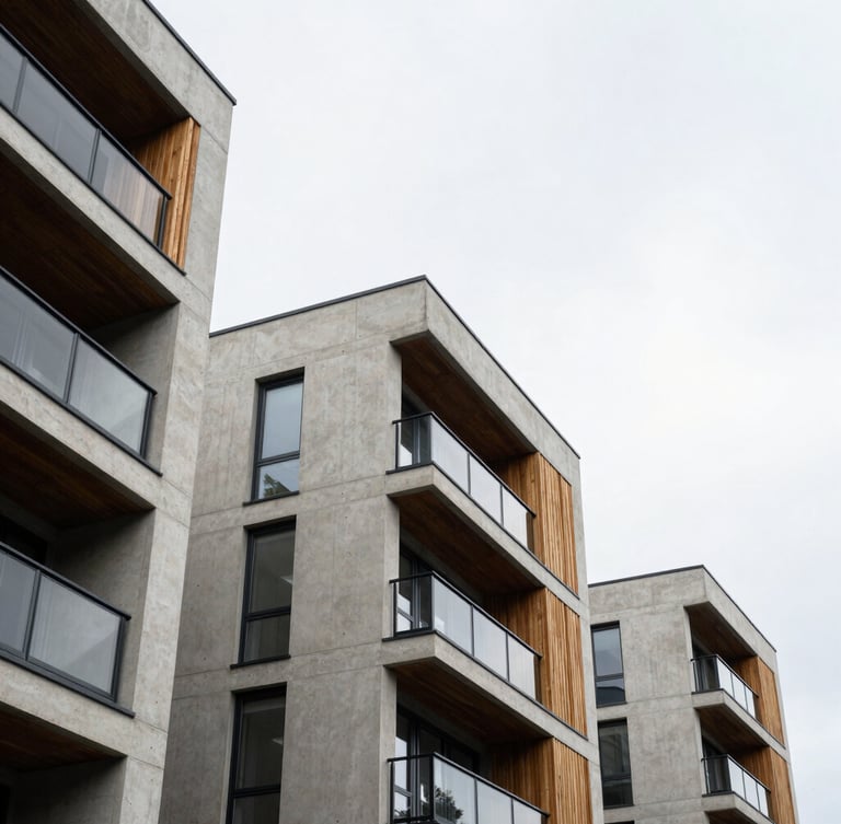Low angle shot of a newly renovated contemporary residential development in South East London, concrete and timber details, crisp overcast sky, 35mm