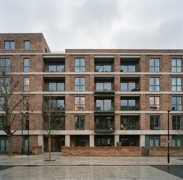 Wide-angle architectural photograph of a modern residential brick apartment building in South London, clean lines, crisp overcast daylight, desaturated cool tones, 35mm