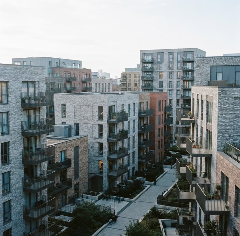 Editorial architectural photography, crisp overcast daylight, high-angle shot of a modern London residential development with clean brickwork and geometric balconies, 35mm