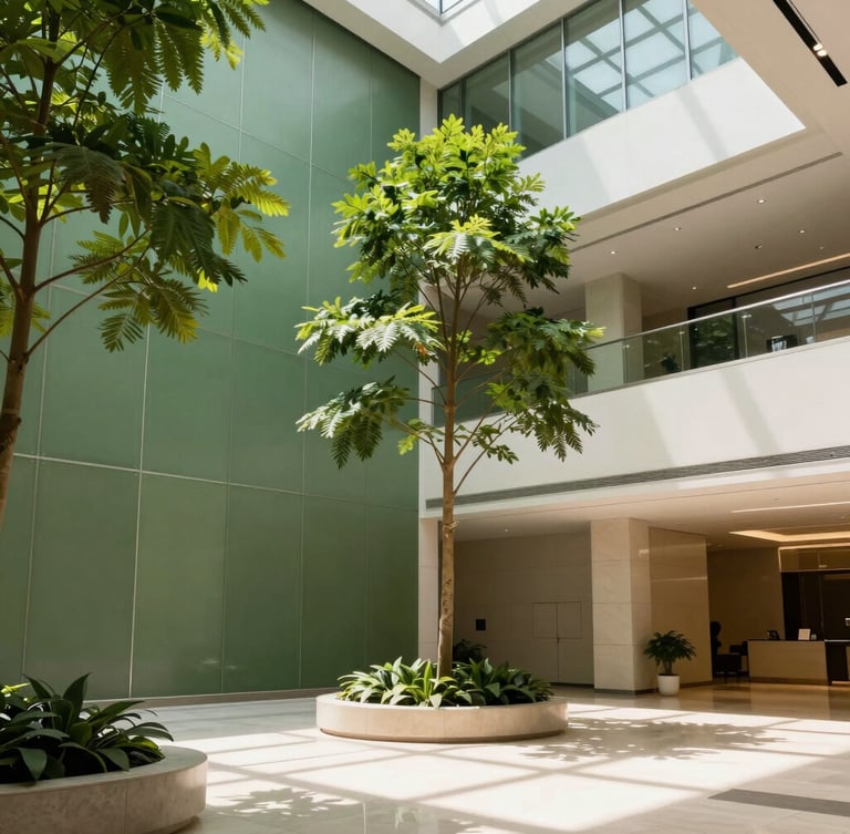 Architectural interior photography of a sunlit corporate lobby with soaring green walls and mature indoor trees, clean lines, soft natural shadows, 35mm lens