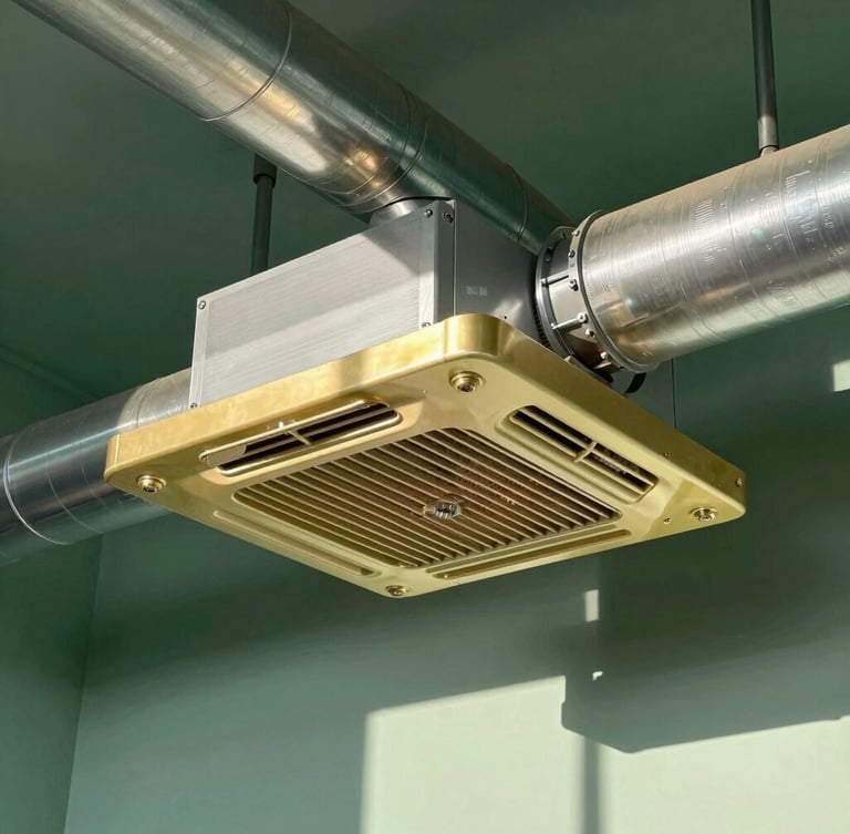 Close-up of a sleek brass and steel HVAC aroma diffusion unit integrated into clean metallic ductwork, architectural shadows, professional corporate utility room