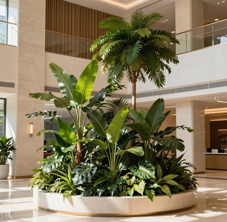 Architectural interior of a modern corporate lobby with high-end botanical installations, warm daylight casting soft shadows, deep forest green foliage, 35mm lens