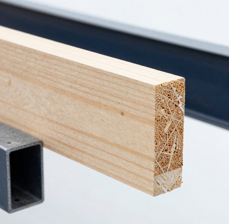 Close-up of cross-laminated timber grain of an LVL beam with sealed edges, bright high-key technical lighting, crisp industrial photography, 35mm