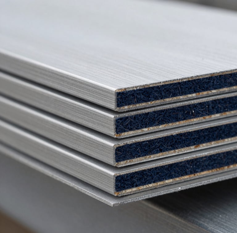 Macro close-up of cross-laminated structural timber layers and sealed edges, clean industrial lighting, high-contrast steel tones, 35mm