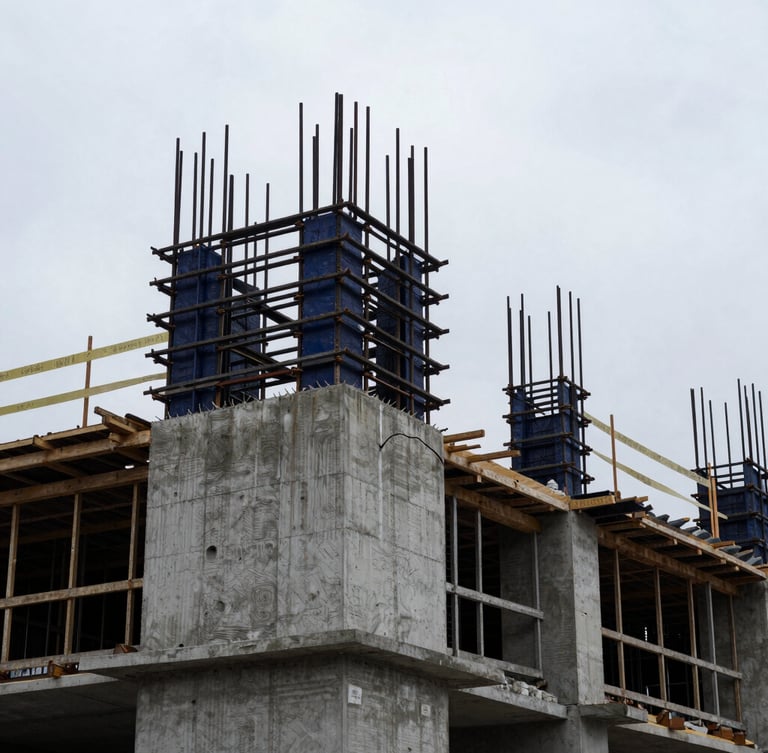 Low-angle heroic shot of an active concrete formwork installation on a major civil infrastructure site, cool overcast daylight, desaturated steel and deep navy tones, sharp architectural focus, 35mm